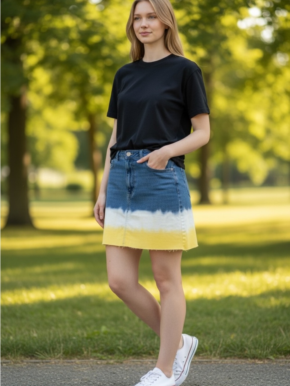 wild fable Blue Denim Mini Skirt with White and Yellow Dip